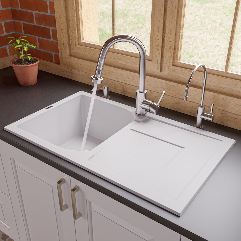 White 34" Single Bowl Granite Composite Kitchen Sink with Drainboard. Picture 2