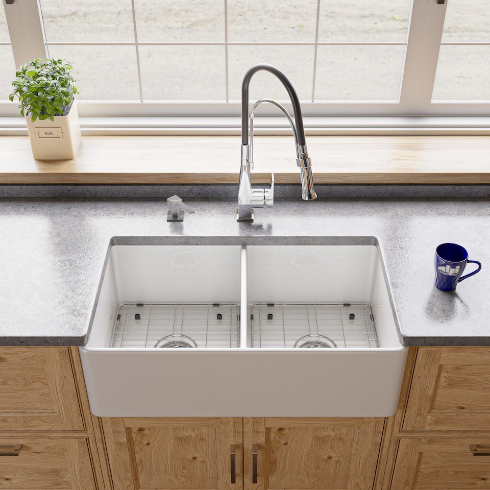 White Smooth Apron 33" x 18" Double Bowl Fireclay Farm Sink. Picture 3