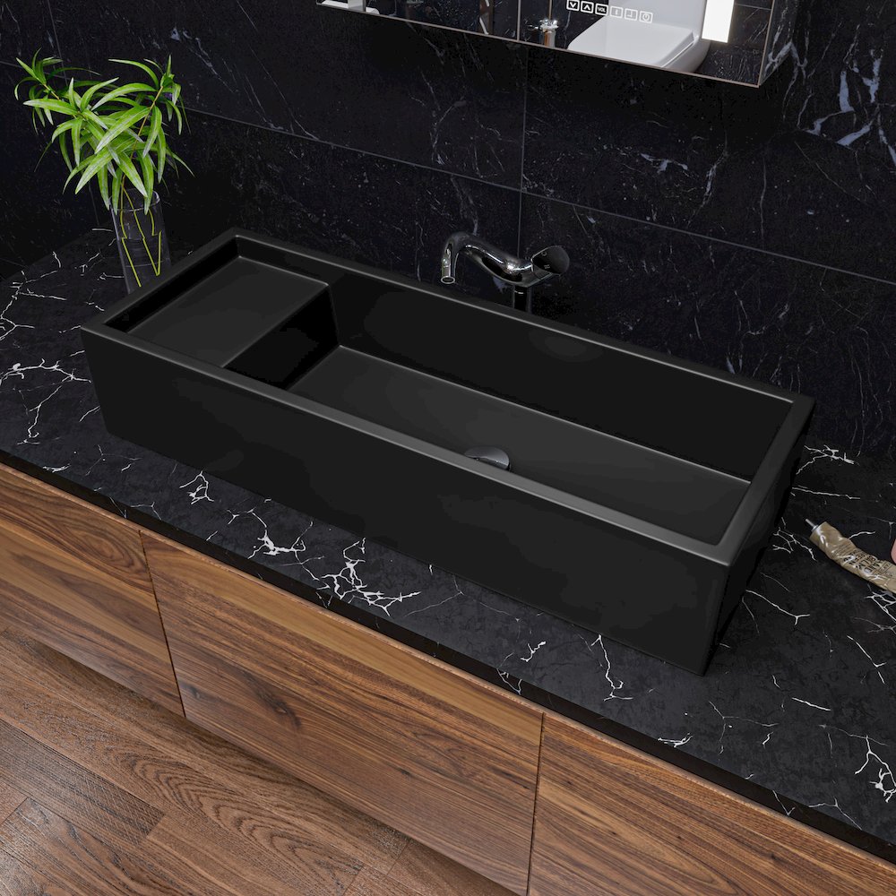 39" Black Matte Above Mount Fireclay Bathroom Trough Sink. Picture 2