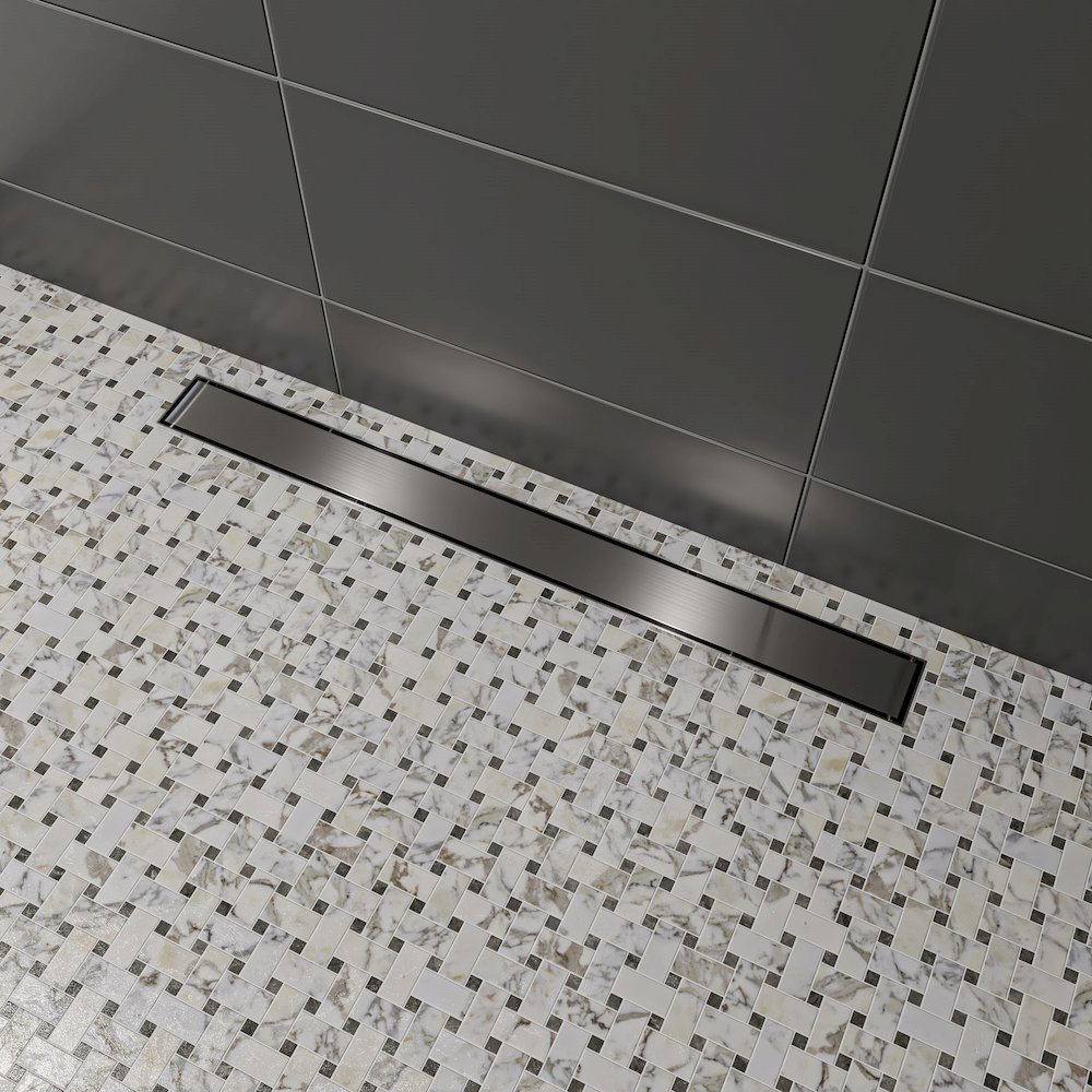 32" Modern Brushed Stainless Steel Linear Shower Drain with Solid Cover. Picture 2