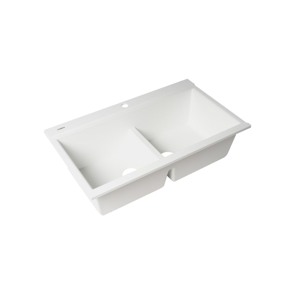 White 33" Granite Composite Workstation Step Rim Double Bowl Drop In Sink. Picture 5