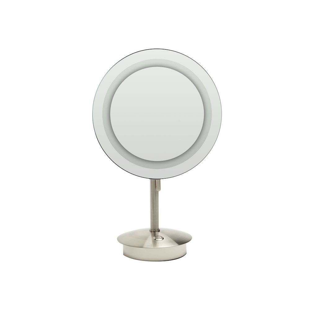 Brushed Nickel Tabletop Round 9" 5x Magnifying Cosmetic Mirror with Light. Picture 2