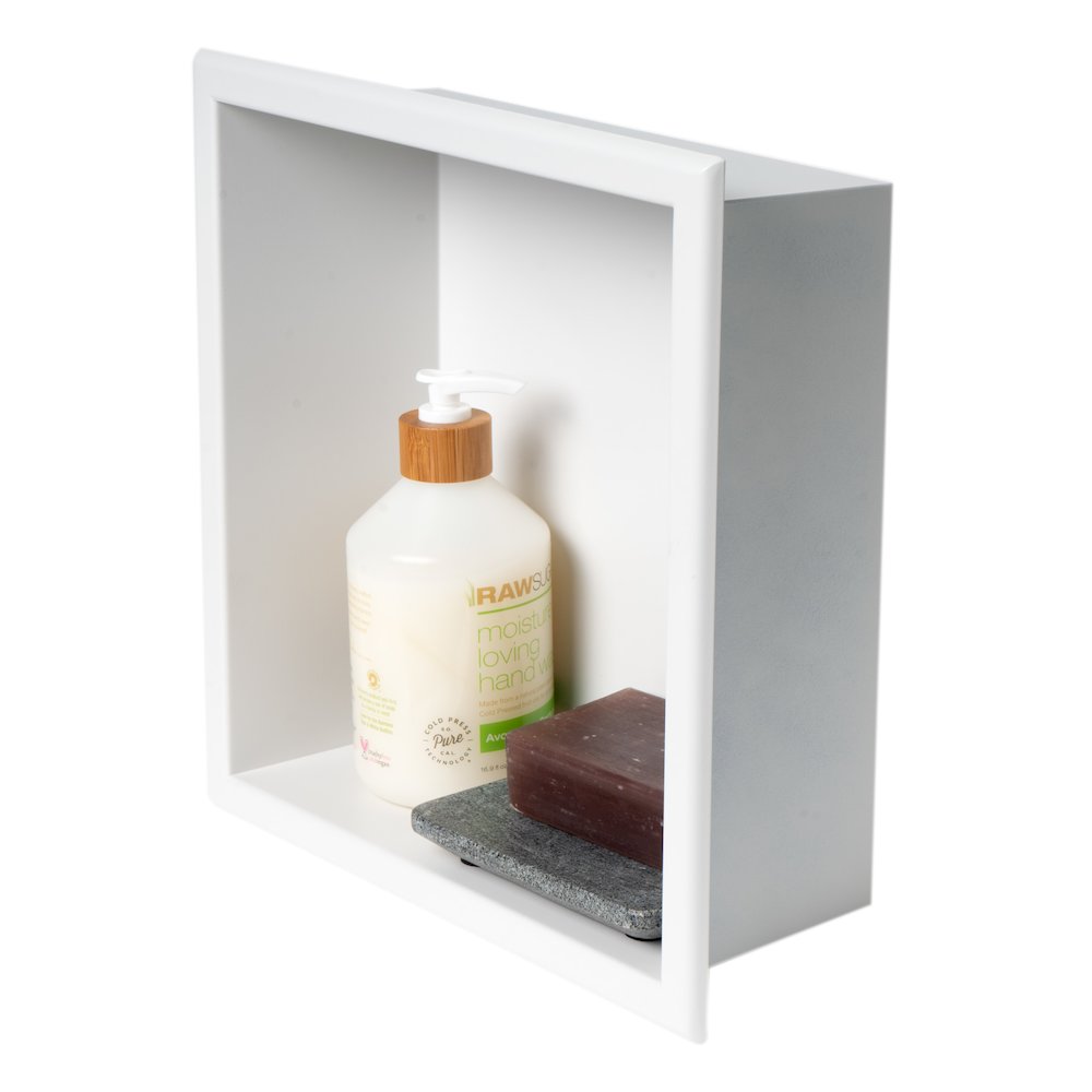 12" x 12" White Matte Stainless Steel Square Single Shelf Bath Shower Niche. Picture 1