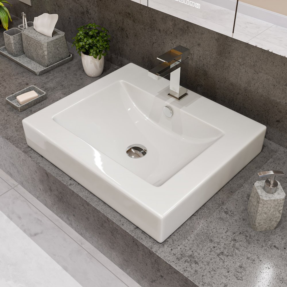 White 24" Rectangular Semi Recessed Ceramic Sink with Faucet Hole. Picture 2