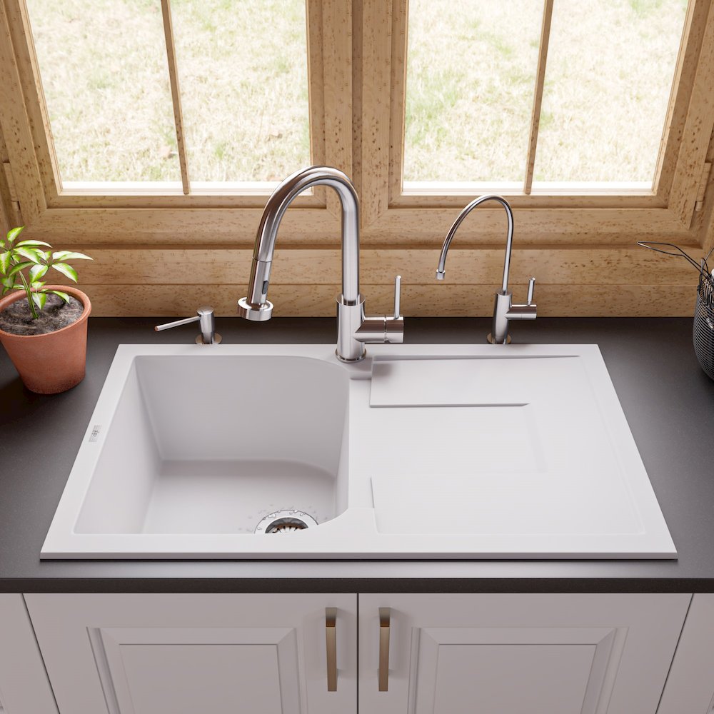 White 34" Single Bowl Granite Composite Kitchen Sink with Drainboard. Picture 3