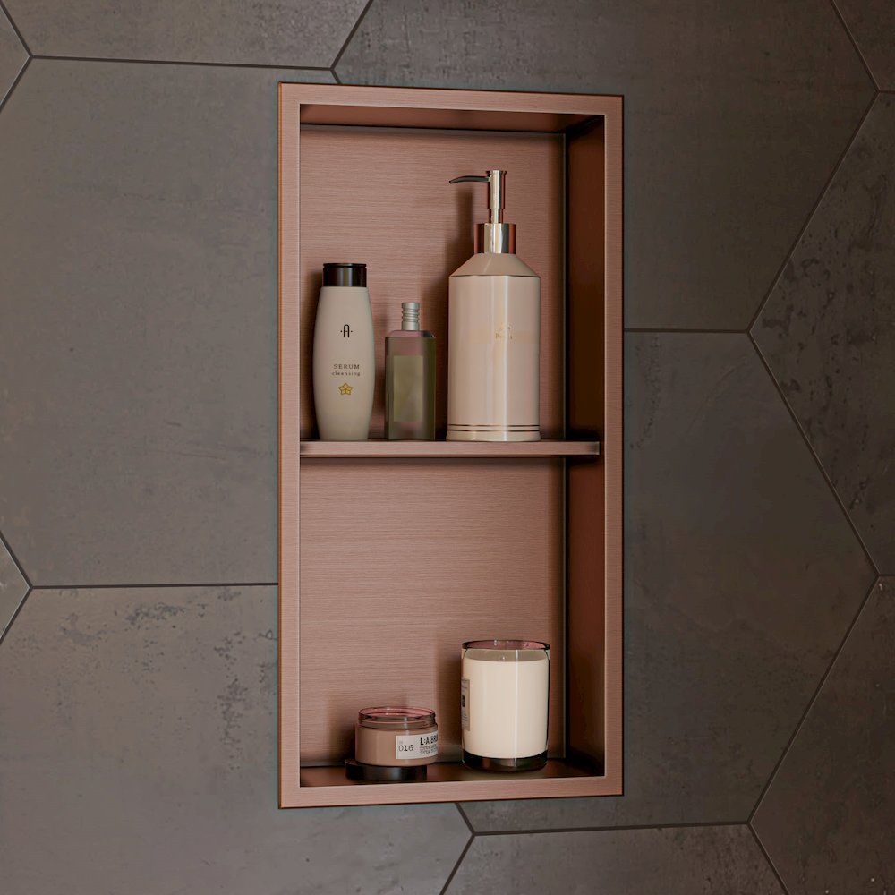 Brushed Copper PVD Stainless Steel Vertical Double Shelf Shower Niche. Picture 2