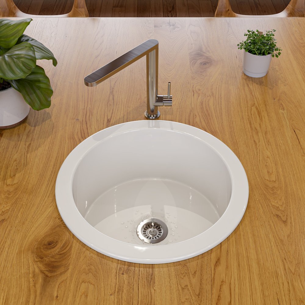 White Round 18" x 18" Undermount / Drop In Fireclay Prep Sink. Picture 7