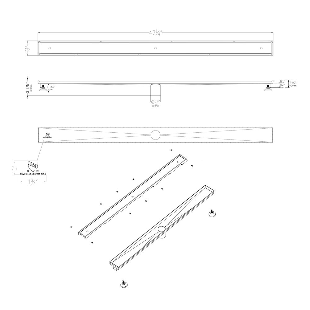 47" Stainless Steel Linear Shower Drain with No Cover. Picture 9