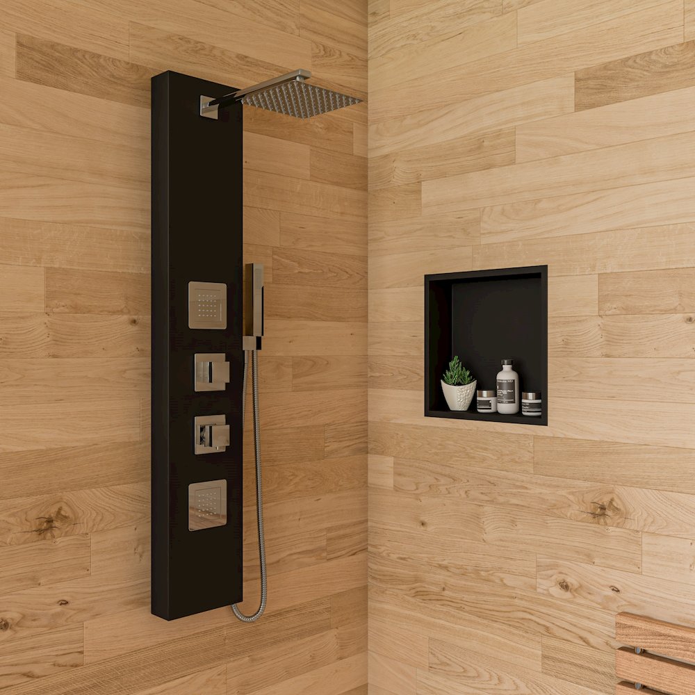 16" x 16" Black Matte Stainless Steel Square Single Shelf Bath Shower Niche. Picture 5