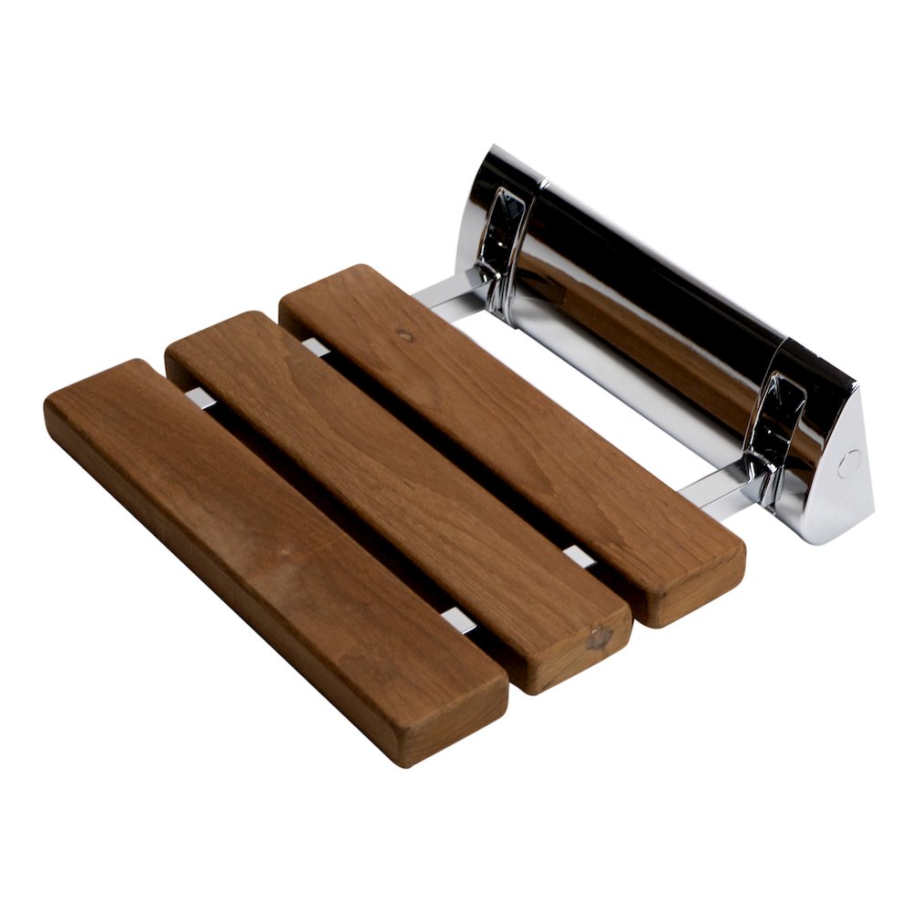 Polished Chrome 14" Folding Teak Wood Shower Seat Bench. Picture 1