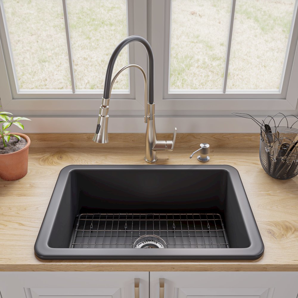 Black Matte 27" x 18" Fireclay Undermount / Drop In Firelcay Kitchen Sink. Picture 3