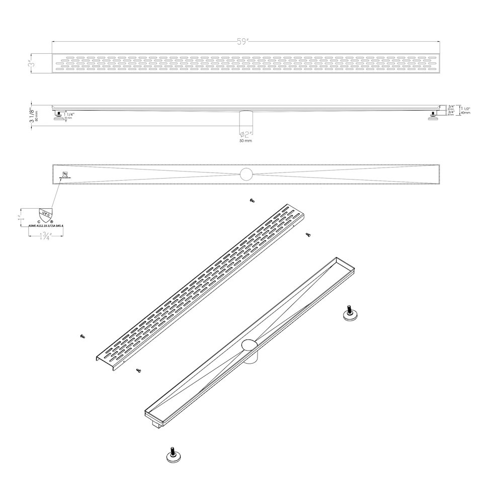 59" Black Matte Stainless Steel Linear Shower Drain with Groove Holes. Picture 8