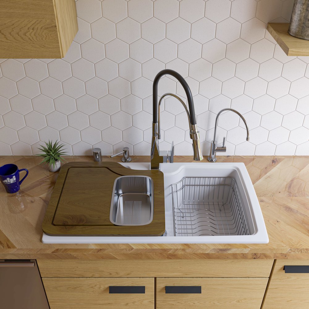 White 35" Drop-In Single Bowl Granite Composite Kitchen Sink. Picture 4