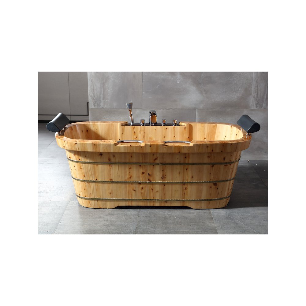 65" 2 Person Free Standing Cedar Wooden Bathtub with Fixtures & Headrests. Picture 3