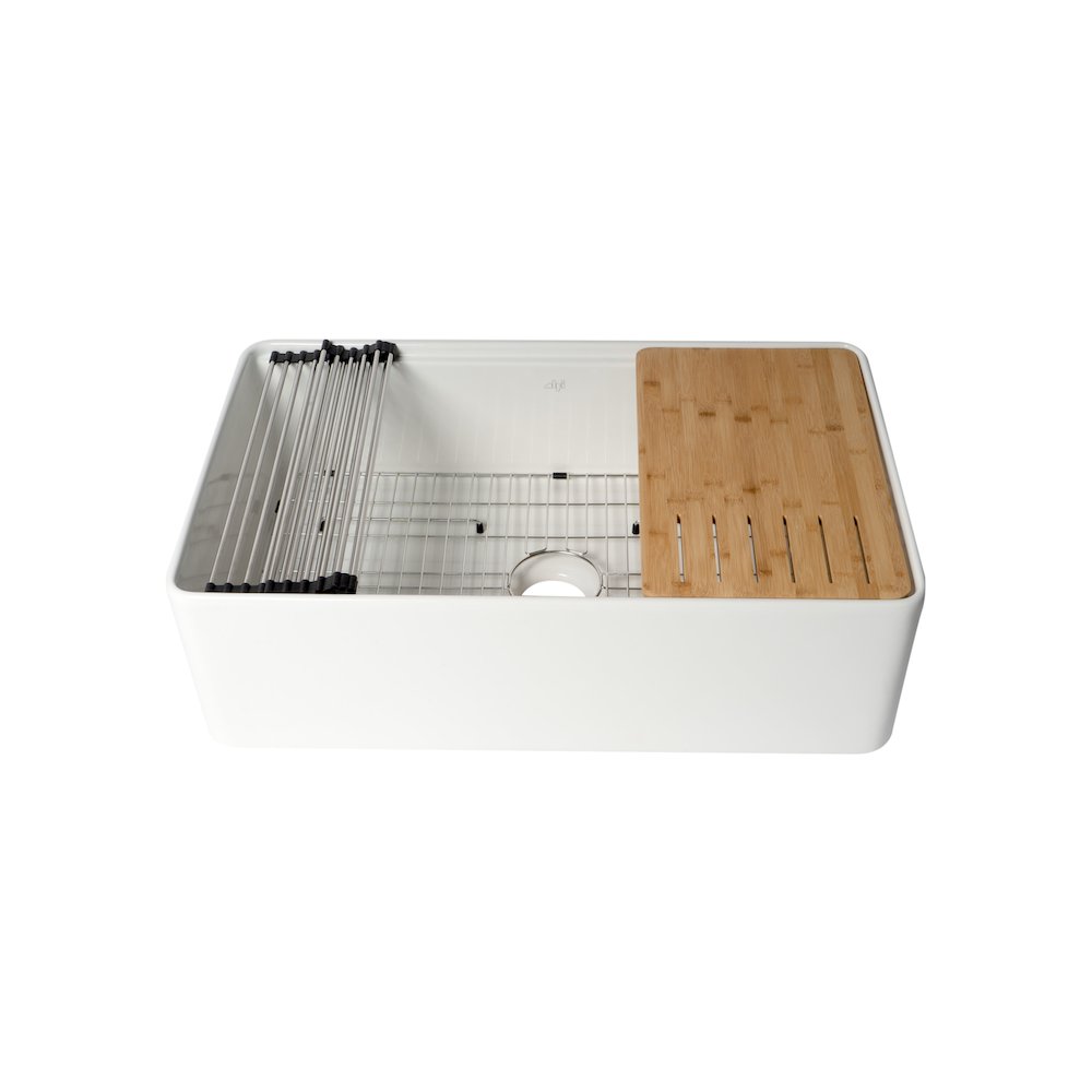 White Smooth Apron Workstation 33" x 20" Single Bowl Step Rim Fireclay Farm Sink. Picture 1