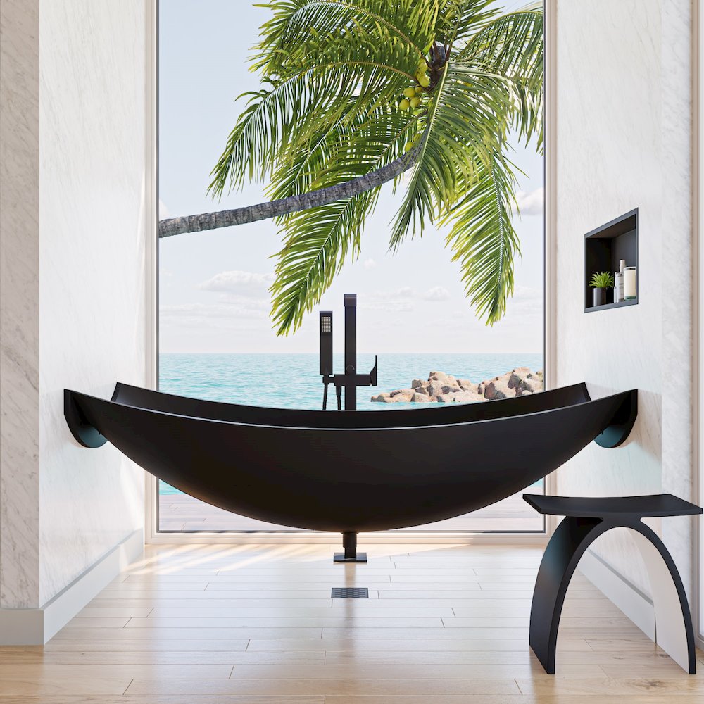 Black Matte 71" Solid Surface Resin Suspended Wall Mounted Hammock Bathtub. Picture 2