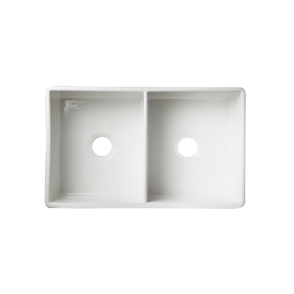 White 32" Smooth Apron Double Bowl Fireclay Farmhouse Kitchen Sink. Picture 5