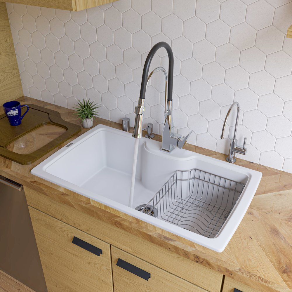 White 35" Drop-In Single Bowl Granite Composite Kitchen Sink. Picture 2