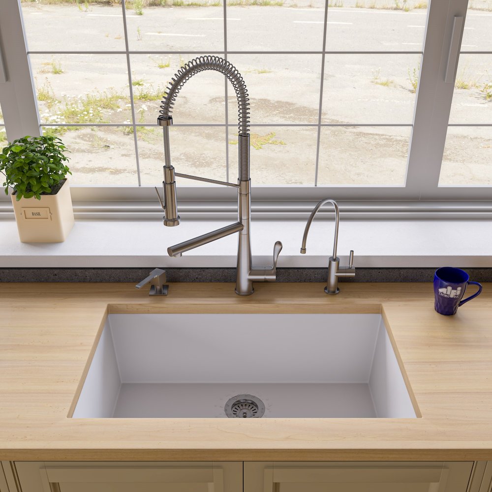 White 33" Single Bowl Undermount Granite Composite Kitchen Sink. Picture 3