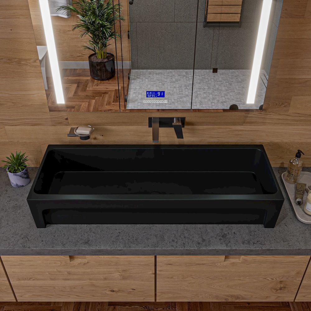 48" Black Matte Above Mount Fireclay Bathroom Trough Sink. Picture 4