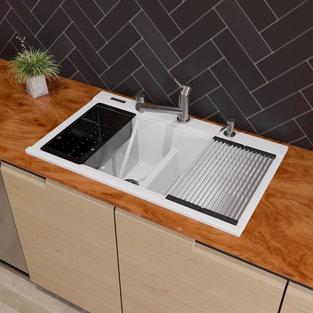 White 33" Granite Composite Workstation Step Rim Double Bowl Drop In Sink. Picture 2
