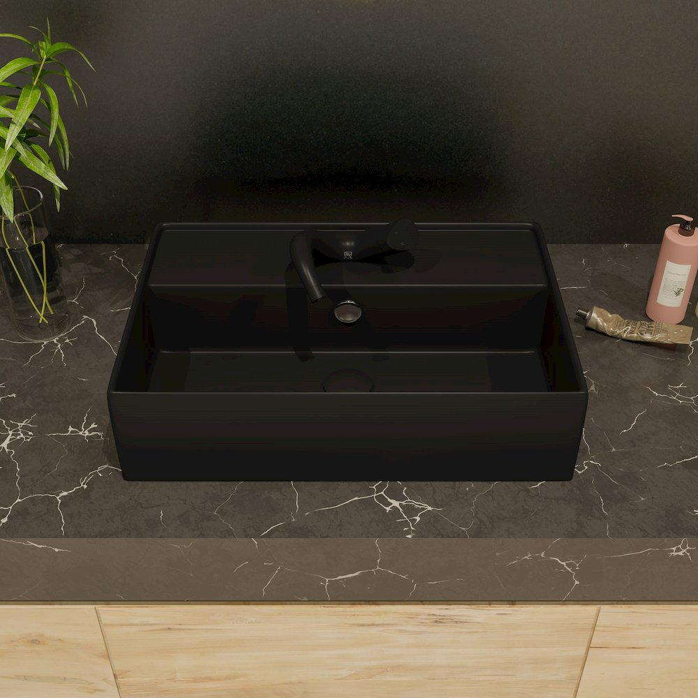 Black Matte 24" Modern Rectangular Above Mount Ceramic Sink with Faucet Hole. Picture 3