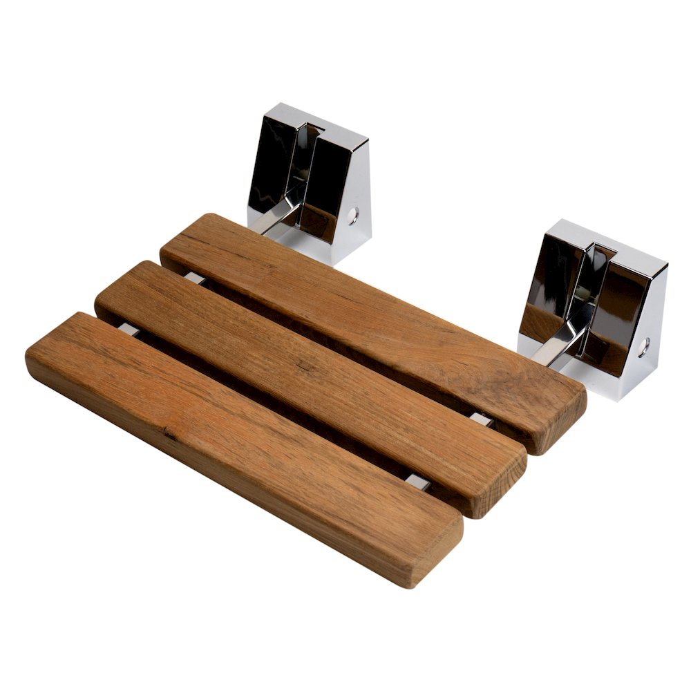 Polished Chrome 16" Folding Teak Wood Shower Seat Bench. Picture 1