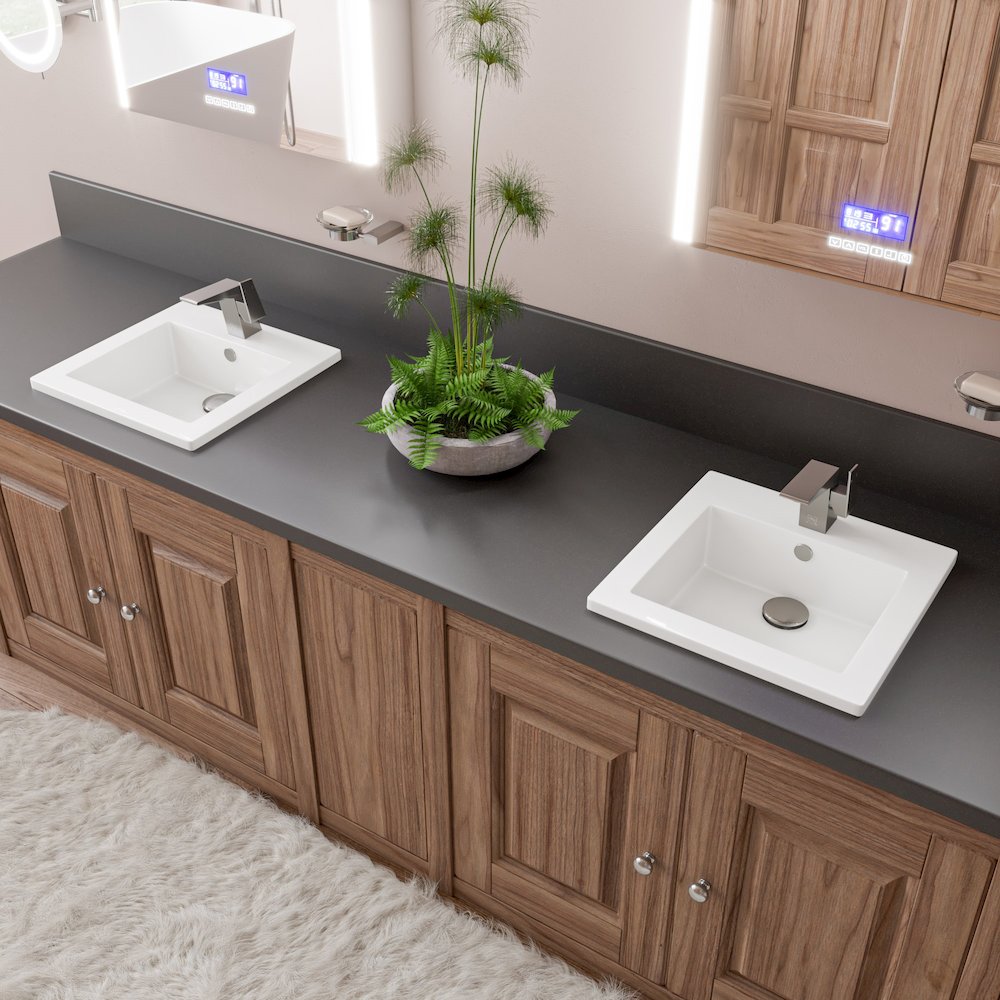 White 17" Square Drop In Ceramic Sink with Faucet Hole. Picture 4
