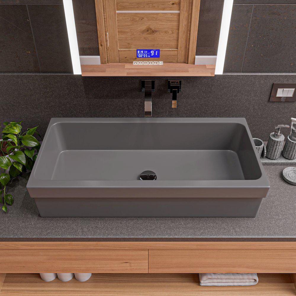 36" Grey Matte Above Mount Fireclay Bathroom Trough Sink. Picture 4