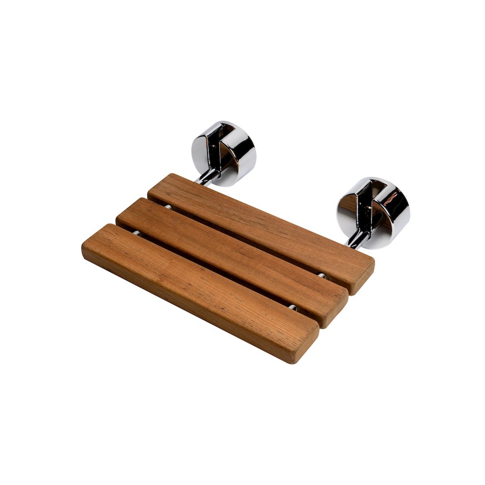Polished Chrome 16" Folding Teak Wood Shower Seat Bench. Picture 1