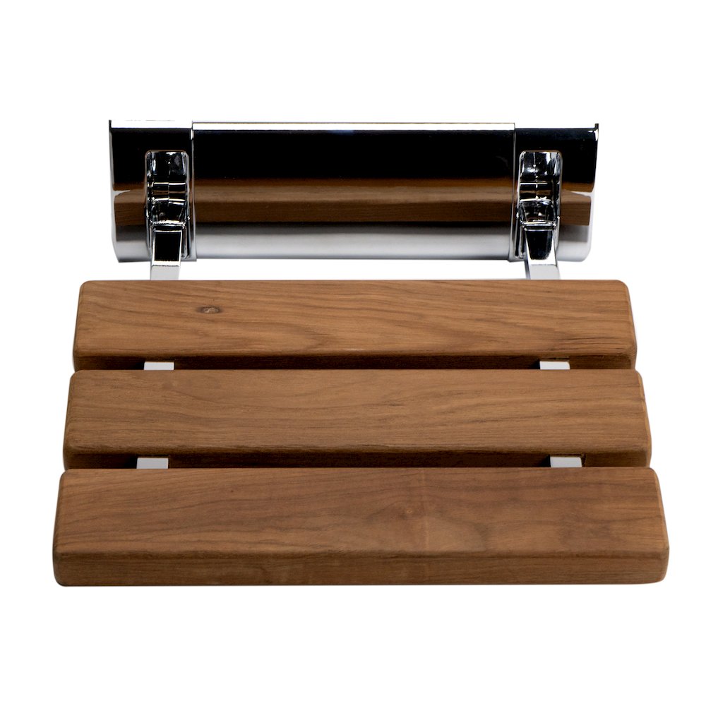 Polished Chrome 14" Folding Teak Wood Shower Seat Bench. Picture 2
