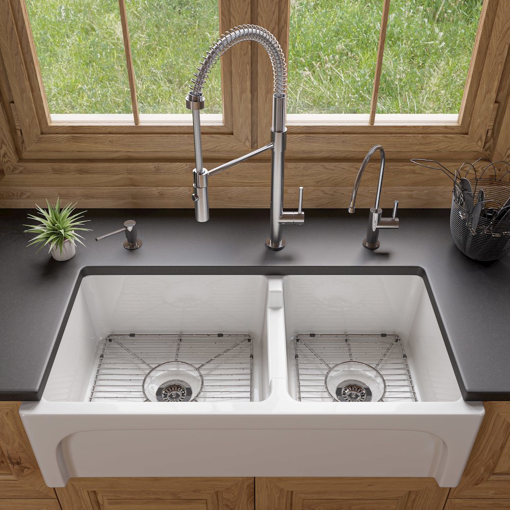 36" White Arched Apron Thick Wall Fireclay Double Bowl Farm Sink. Picture 6