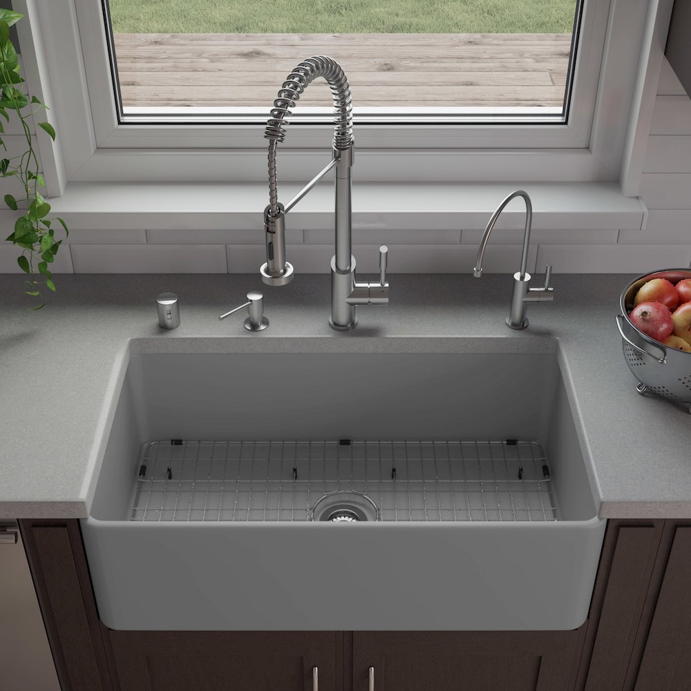Gray Matte Smooth Apron 33" x 18" Single Bowl Fireclay Farm Sink. Picture 3