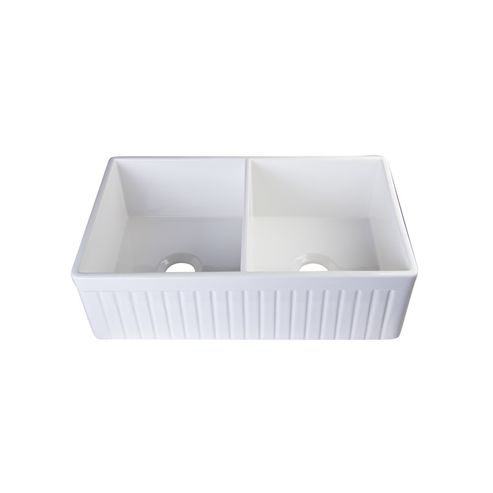 White 32" Fluted Apron Double Bowl Fireclay Farmhouse Kitchen Sink. Picture 7
