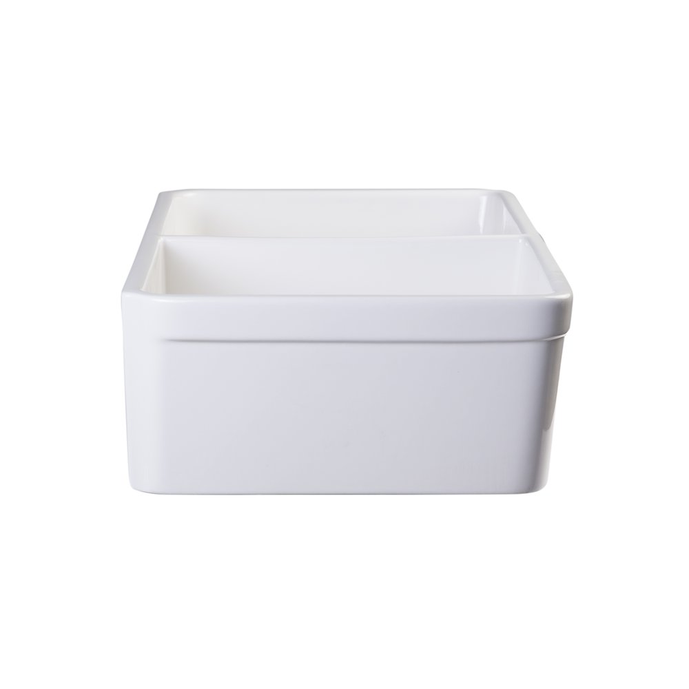 White 32" Double Bowl Lip Apron Fireclay Farmhouse Kitchen Sink with 1 3/4" Lip. Picture 7