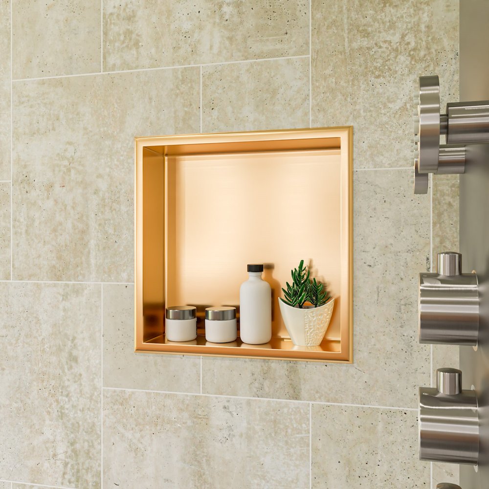 16" x 16" Brushed Gold PVD Steel Square Single Shelf Shower Niche. Picture 2