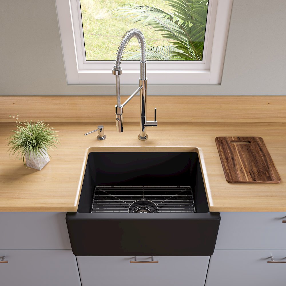 24" Black Matte Reversible Smooth / Fluted Single Bowl Fireclay Farm Sink. Picture 4
