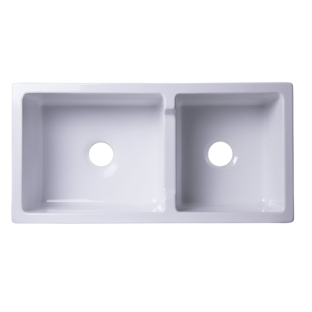 36" White Arched Apron Thick Wall Fireclay Double Bowl Farm Sink. Picture 2