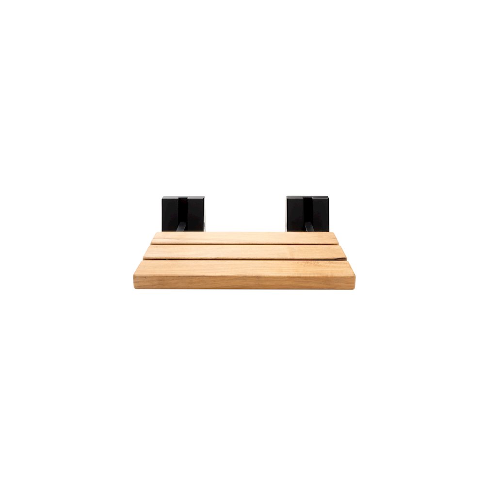 Black Matte 16" Wide Foldable Teak Shower Seat with Square Hardware. Picture 5