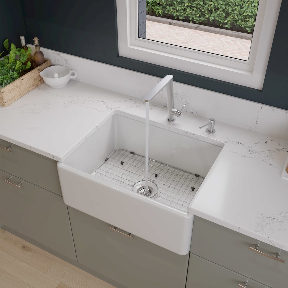 White 26" Contemporary Smooth Apron Fireclay Farmhouse Kitchen Sink. Picture 2