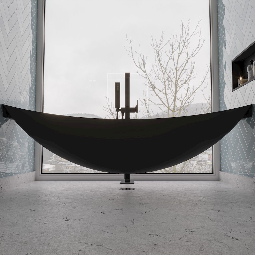 Black Matte 79" Acrylic Suspended Wall Mounted Hammock Bathtub. Picture 6