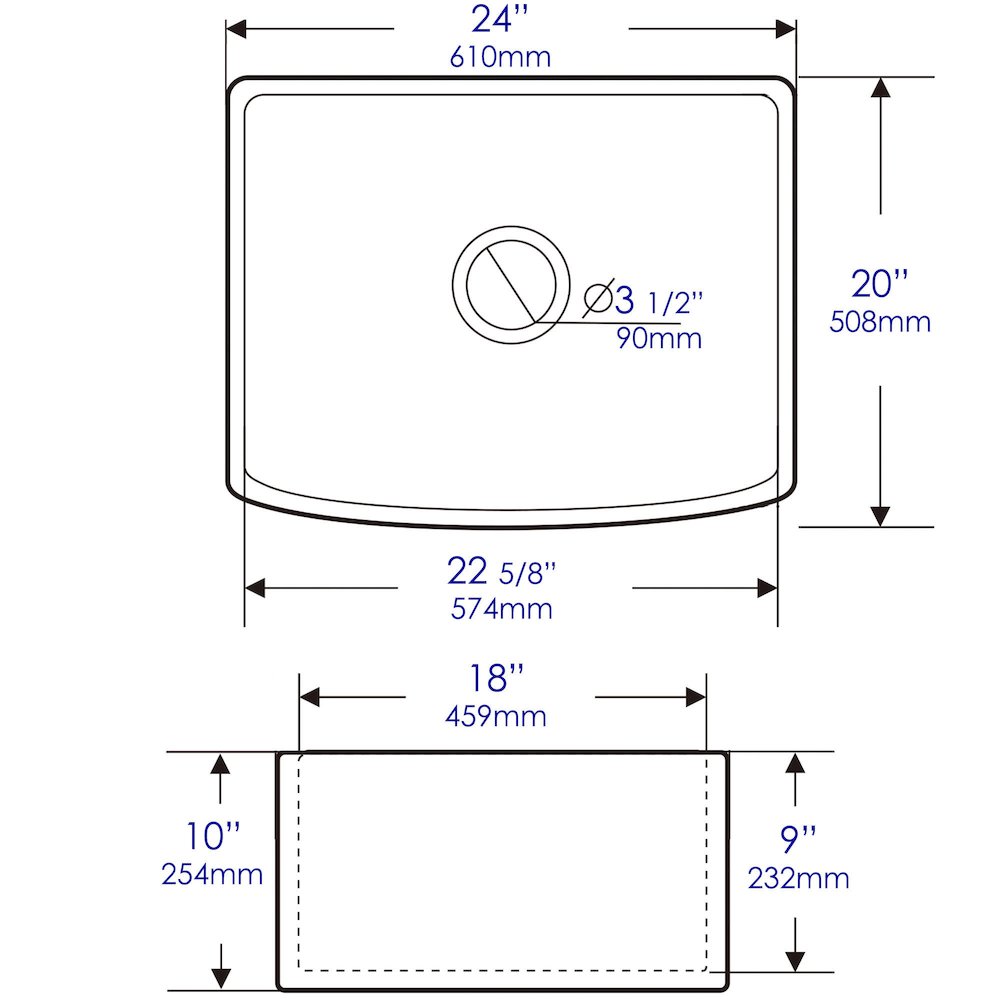 ALFI Brand White Smooth Curved Apron 24" x 20" Single Bowl Fireclay Farm Sink. Picture 10