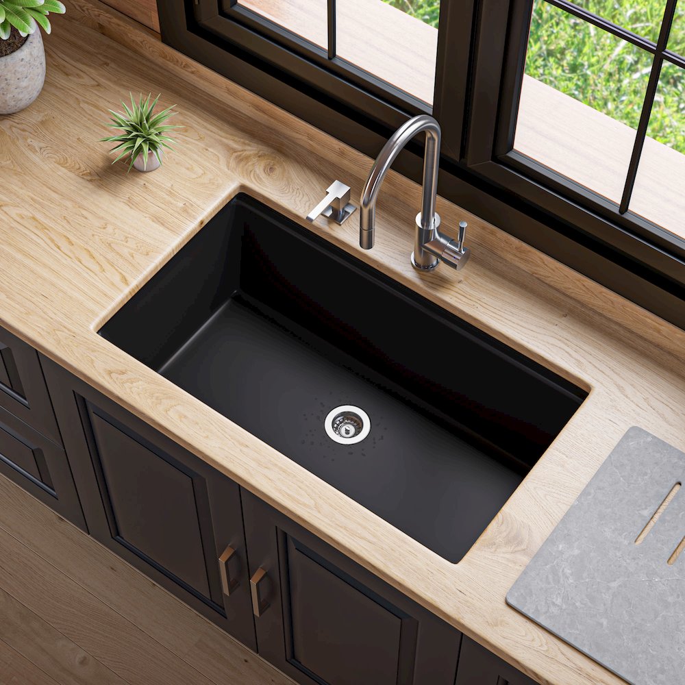 Black 33" Granite Composite Workstation Step Rim Single Bowl Undermount Sink. Picture 4