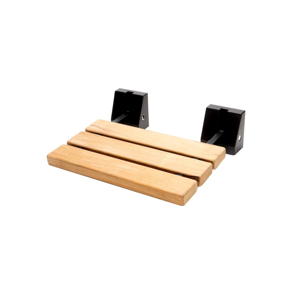 Black Matte 16" Wide Foldable Teak Shower Seat with Square Hardware. Picture 1