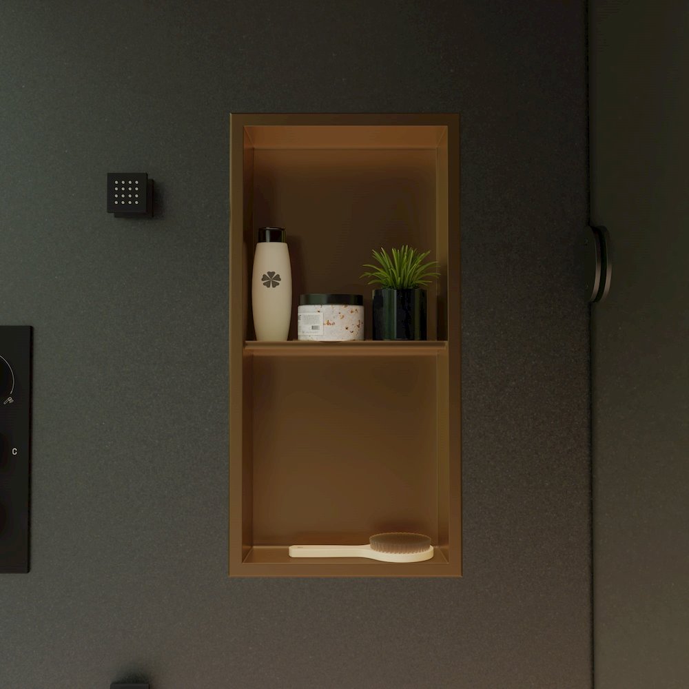 12" x 24" Brushed Gold PVD Stainless Steel Vertical Double Shelf Shower Niche. Picture 2