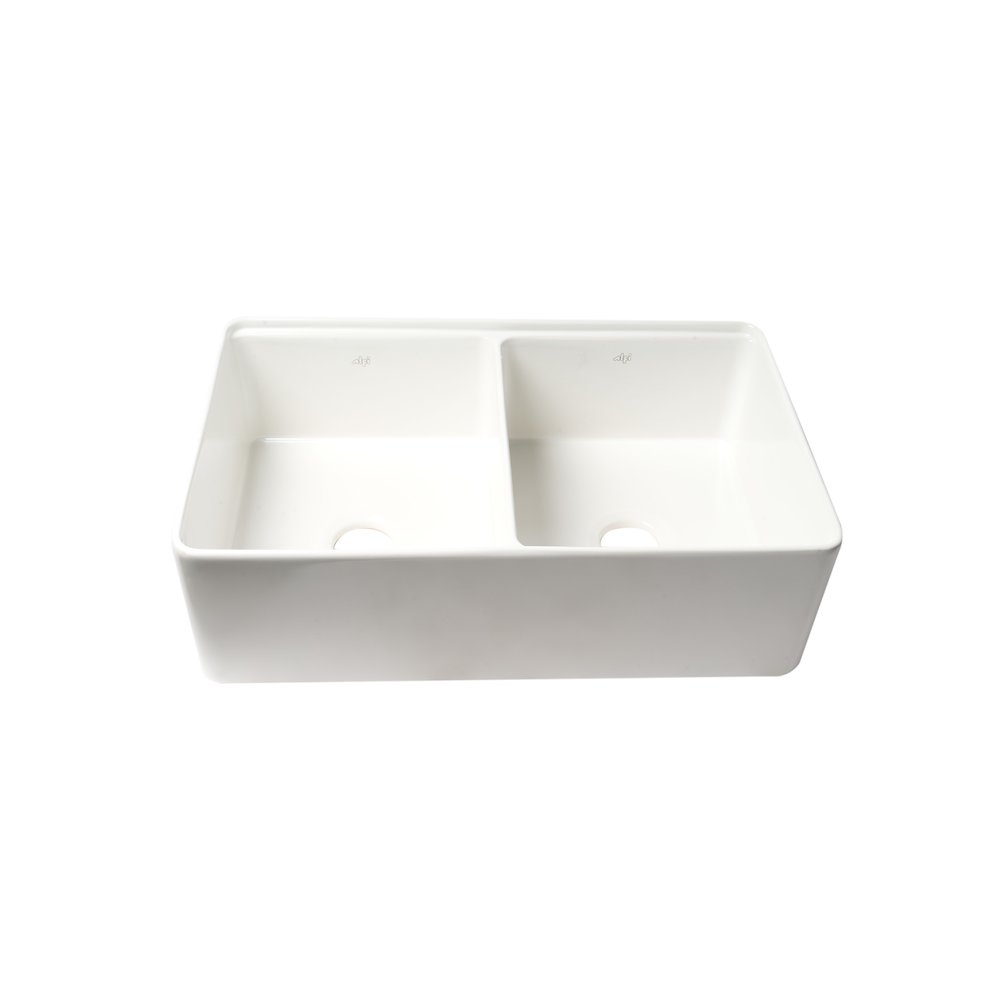 White 33" x 20" Workstation Double Bowl Step Rim Fireclay Farm Sink. Picture 6