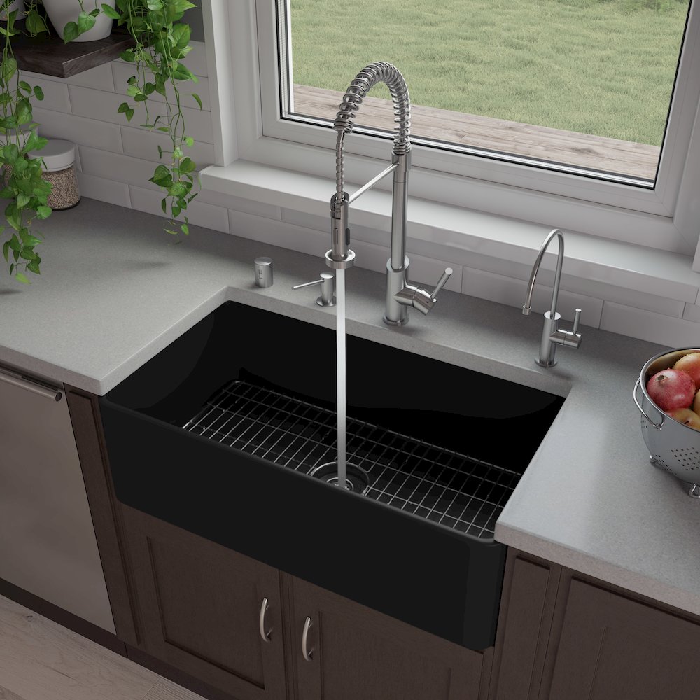 Black Matte Smooth Apron 33" x 18" Single Bowl Fireclay Farm Sink. Picture 2