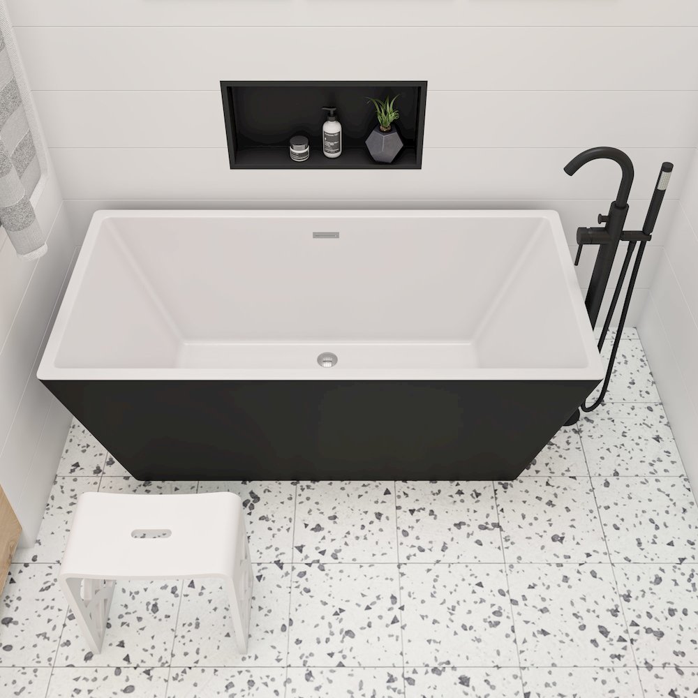 59 inch Black & White Rectangular Acrylic Free Standing Soaking Bathtub. Picture 5