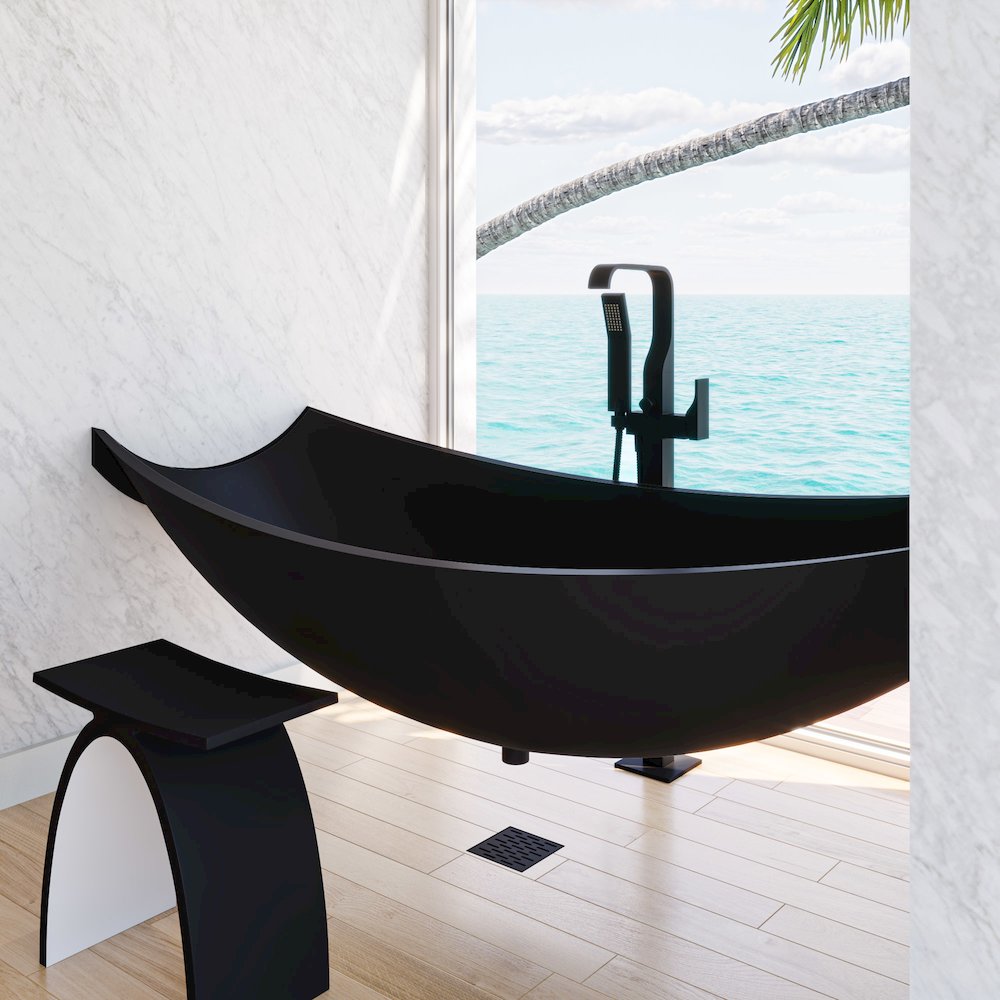 Black Matte 71" Solid Surface Resin Suspended Wall Mounted Hammock Bathtub. Picture 4