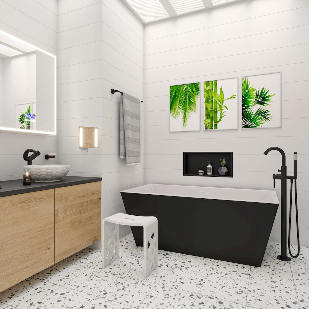 59 inch Black & White Rectangular Acrylic Free Standing Soaking Bathtub. Picture 3